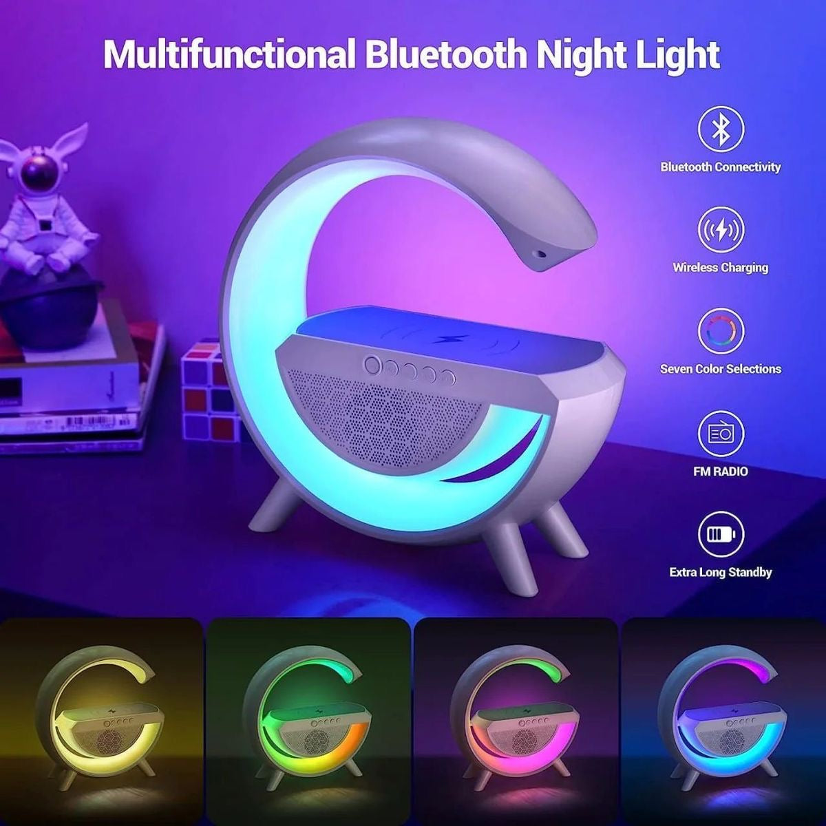 Lámpara Nocturna Multifuncional con Bluetooth, Radio y Cargador Inalámbrico